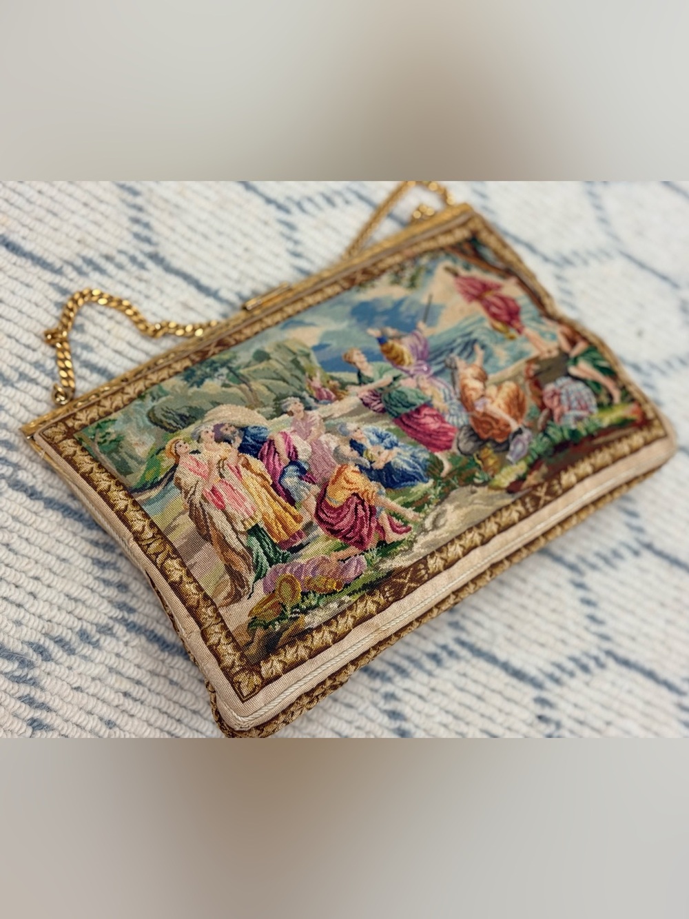 1930’s Vintage Scenic Tapestry Rhinestone Fleur-de-Lis-Clasp Coquette Handbag - Picture 7 of 16